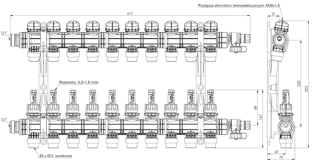 81270 ProCalida EF1 K 10 отопительных контуров, НР1", 0,2÷1,6 л/мин - Размеры AFRISO 1