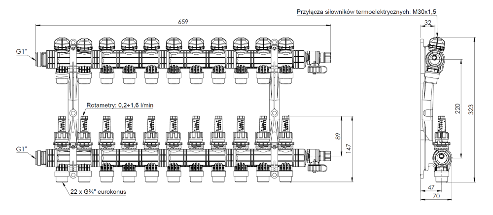 81271 ProCalida EF1 K 11 отопительных контуров, НР1", 0,2÷1,6 л/мин - Размеры AFRISO 1