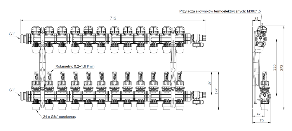 81272 ProCalida EF1 K 12 отопительных контуров, НР1", 0,2÷1,6 л/мин - Размеры AFRISO 1
