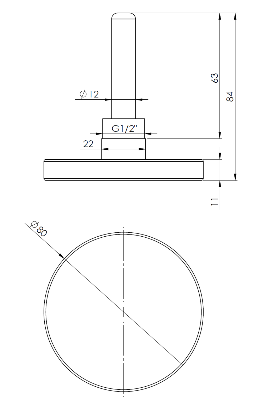 63807 Термометр биметаллический BiTh 80, fi80 мм, 0÷120°C, L 63 мм, НР1/2", ax, кл. 2 - Размеры AFRISO 1