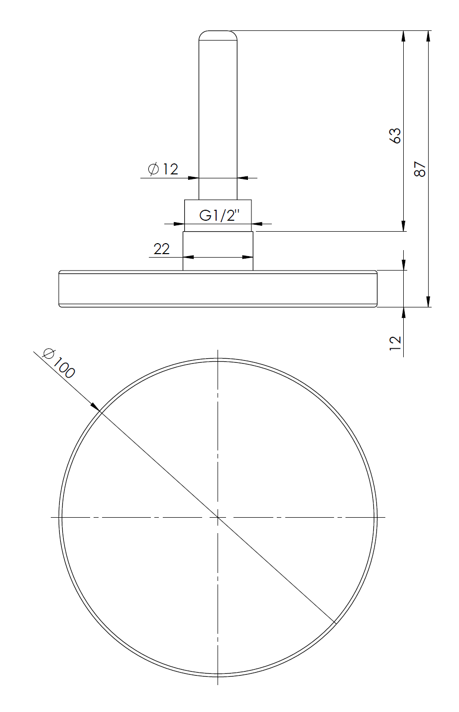 63812 Термометр биметаллический BiTh 100, fi100 мм, 0÷120°C, L 63 мм, НР1/2", ax, кл. 2 - Размеры AFRISO 1