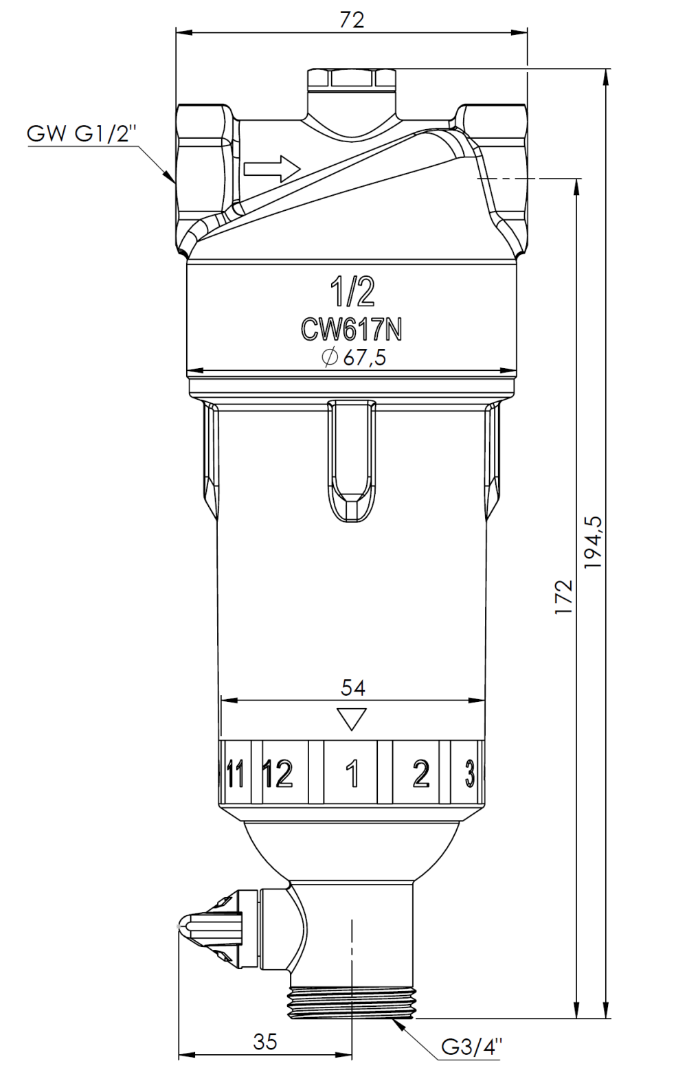 4211000 Фильтр для воды AWF 110 с функцией ручной промывки, ВРП1/2" - Размеры AFRISO 1