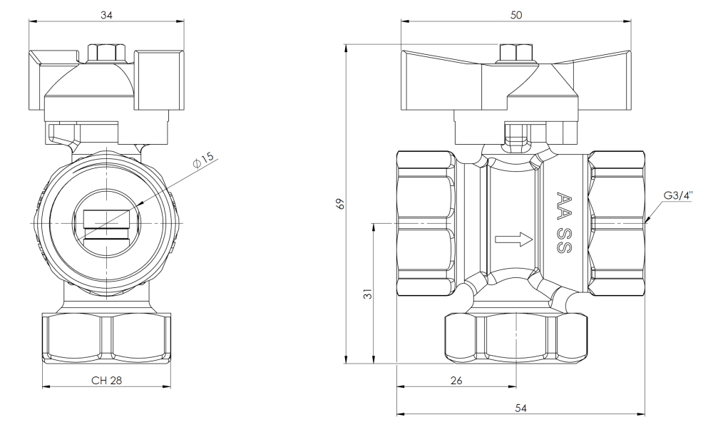 9025100 Шаровой клапан с сетчатым фильтром и магнитом BFV,  ВР3/4" - Размеры AFRISO 1