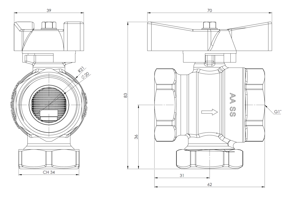 9025200 Шаровой клапан с сетчатым фильтром и магнитом BFV,  ВР1" - Размеры AFRISO 1