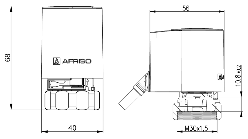 79402 Термоэлектрический привод TSA 14 FO, M30 x 1,5 мм, 24 В DC, НЗ, управляемый сигналом 2-10 В - Размеры AFRISO 1