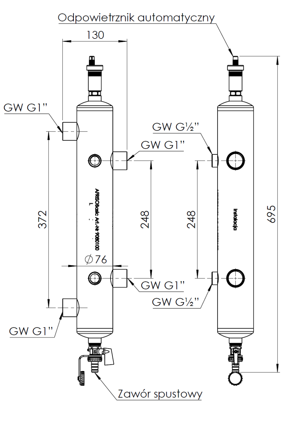 9080110 Гидрострелка утепленная BLH 801, 70 кВт - Размеры AFRISO 1