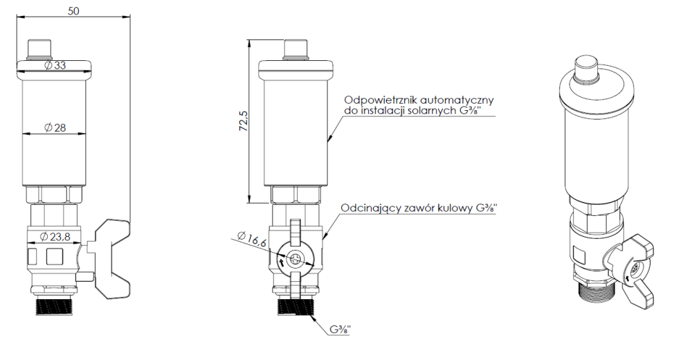 77996 Автоматический воздухоотводчик, для солнечных систем НР3/8", с запорным шаровым краном НР3/8". - Размеры AFRISO 1