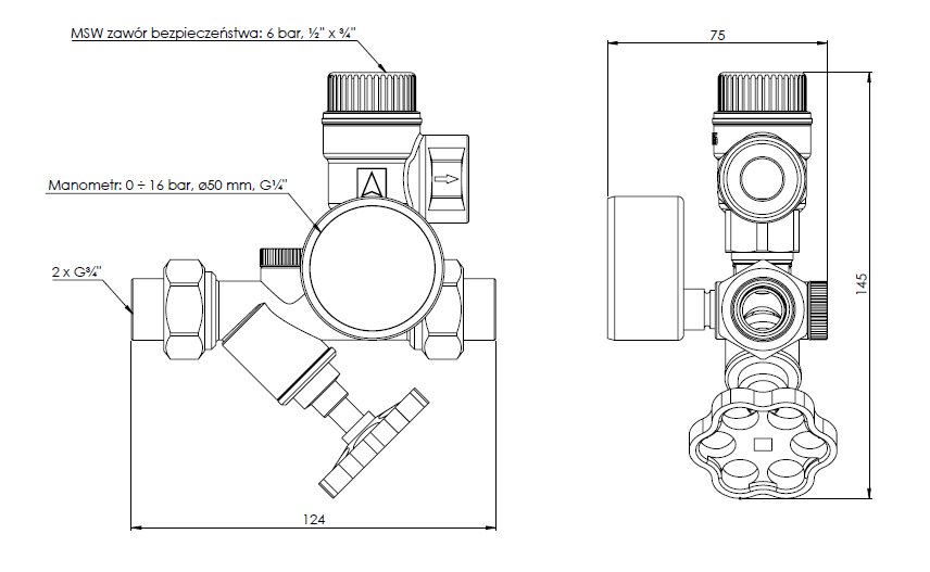 77999 Группа безопасности для бойлера ГВС ASB, Nmax UDT 111,5 кВт, с предохранительным клапаном MSW 6 бар - Размеры AFRISO 1