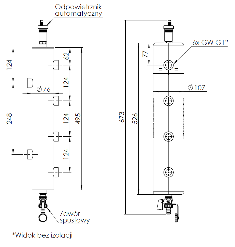 9085010 Гидрострелка утепленная BLH 850 с коллектором на 2 контура, 70 кВт - Размеры AFRISO 1