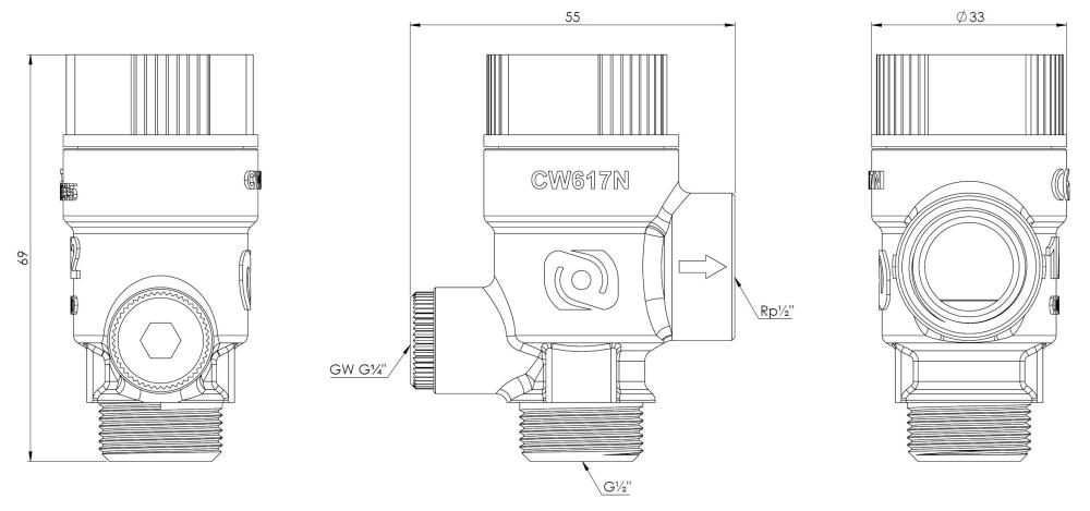 42511 Предохранительный клапан для центрального отопления MS с соединением для манометра ВР1/4", 2 бар, НР1/2" x ВР1/2" - Размеры AFRISO 1