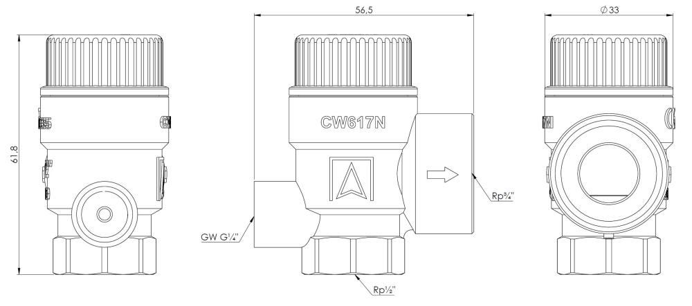 42500 Предохранительный клапан для центрального отопления MS с соединением для манометра ВР1/4", 1,5 бар, ВР1/2" x ВР3/4" - Размеры AFRISO 1