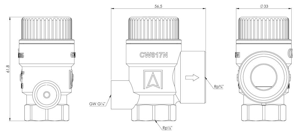 42501 Предохранительный клапан для центрального отопления MS с соединением для манометра ВР1/4", 2 бар, ВР1/2" x ВР3/4" - Размеры AFRISO 1