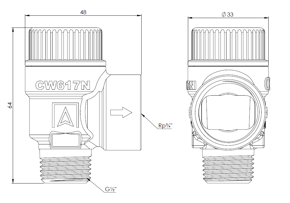 42521 Предохранительный клапан для центрального отопления MS, 2 бар, НР1/2" x ВР3/4" - Размеры AFRISO 1