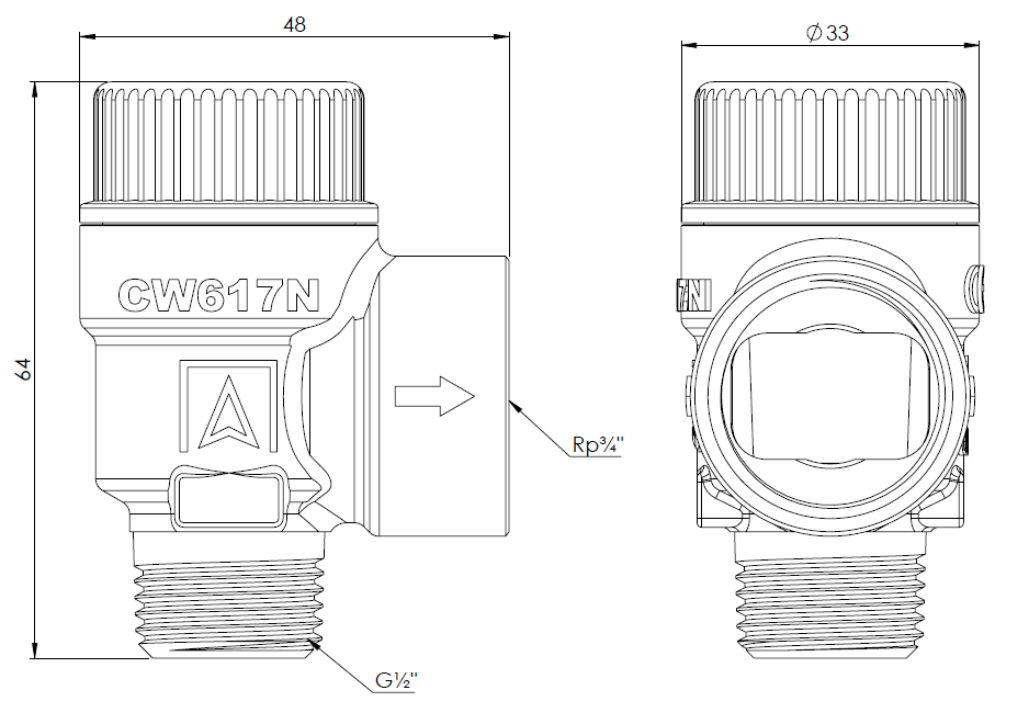42522 Предохранительный клапан для центрального отопления MS, 2,5 бар, НР1/2" x ВР3/4" - Размеры AFRISO 1