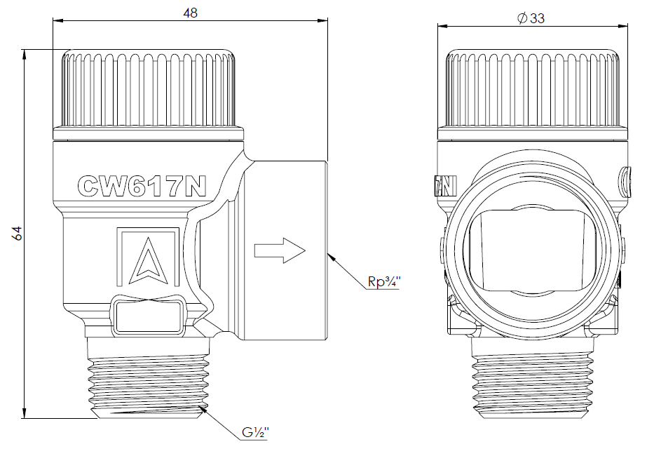 42523 Предохранительный клапан для центрального отопления MS, 3 бар, НР1/2" x ВР3/4" - Размеры AFRISO 1