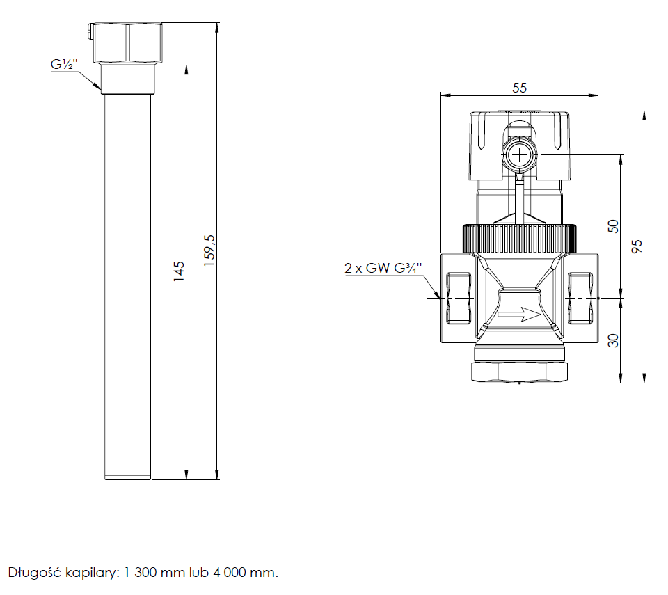 4241500 Температурный клапан TAS для защиты котла от перегрева, НР3/4", капилляр 1,3 м - Размеры AFRISO 1