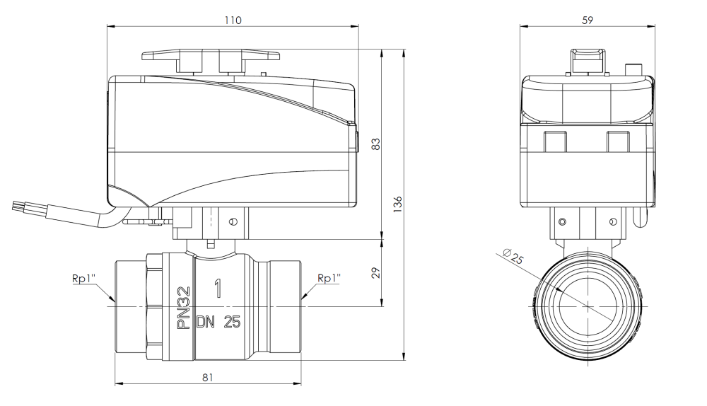 9021300 2-ходовой шаровой кран с приводом BEV, DN25, ВР1", Kvs 60 м³/ч, 230 В AC, НЗ - Размеры AFRISO 1