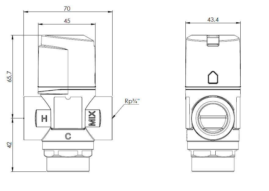 1233310 Термостатический смесительный клапан ATM 331, DN20, ВР3/4", 35÷60°C, Kvs 1,6 м³/ч - Размеры AFRISO 1