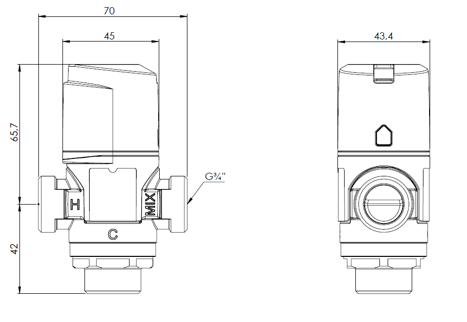 1234110 Термостатический смесительный клапан ATM 341, DN15, НРП3/4", 20÷43°C, Kvs 1,6 м³/ч - Размеры AFRISO 1