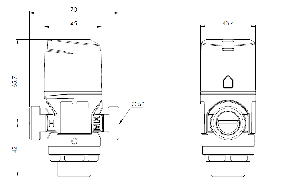 1234310 Термостатический смесительный клапан ATM 343, DN15, НРП3/4", 35÷60°C, Kvs 1,6 м³/ч - Размеры AFRISO 1