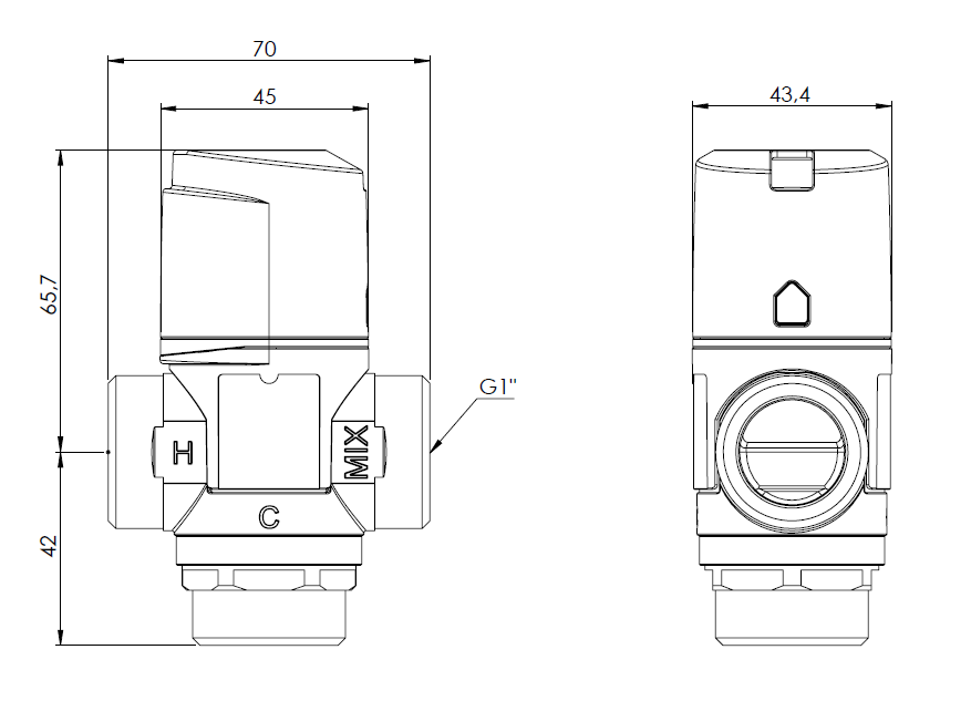 1236310 Термостатический смесительный клапан ATM 363, DN20, НРП1", 35÷60°C, Kvs 1,6 м³/ч - Размеры AFRISO 1