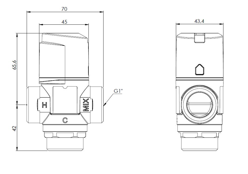 1256310 Термостатический смесительный клапан ATM 563, DN20, НРП1", 35÷60°C, Kvs 2,5 м³/ч - Размеры AFRISO 1