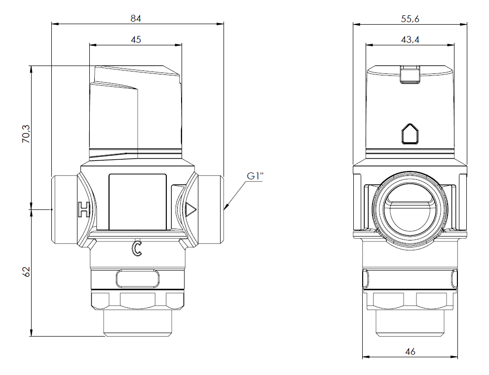 1276310 Термостатический смесительный клапан ATM 763, DN20, НРП1", 35÷60°C, Kvs 3,2 м³/ч - Размеры AFRISO 1