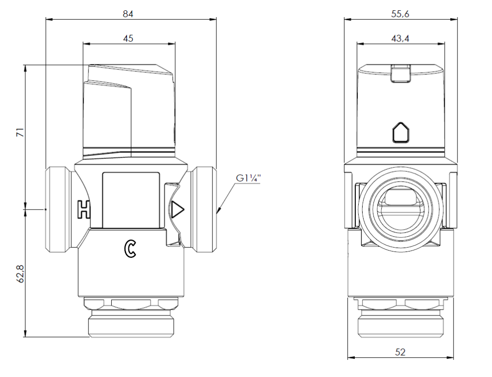 1288110 Термостатический смесительный клапан ATM 881, DN25, НРП1 1/4", 20÷43°C, Kvs 4,2 м³/ч - Размеры AFRISO 1