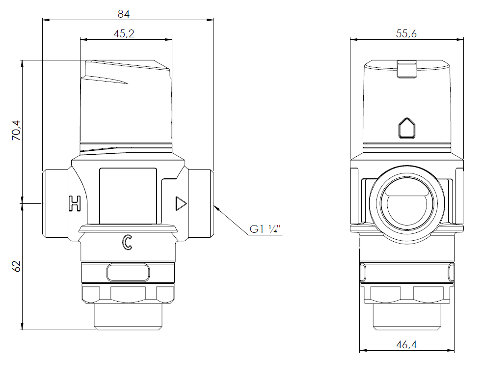 1288310 Термостатический смесительный клапан ATM 883, DN25, НРП1 1/4", 35÷60°C, Kvs 4,2 м³/ч - Размеры AFRISO 1