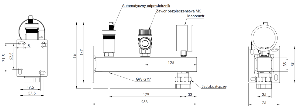 9061100 Группа безопасности котла BSS, Nmax UDT 73,6 кВт, с предохранительным клапаном MS 3 бар, с подключением расширительного бака с быстроразъемным соединением - Размеры AFRISO 1