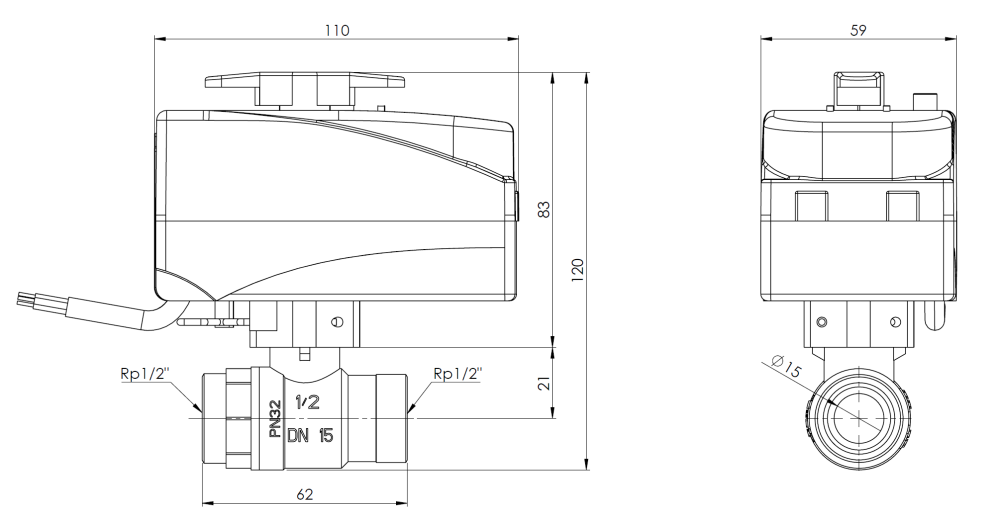 9022110 2-ходовой шаровой кран с приводом BEV, DN15, ВР1/2", Kvs 20 м³/ч, 24 В AC, НО - Размеры AFRISO 1