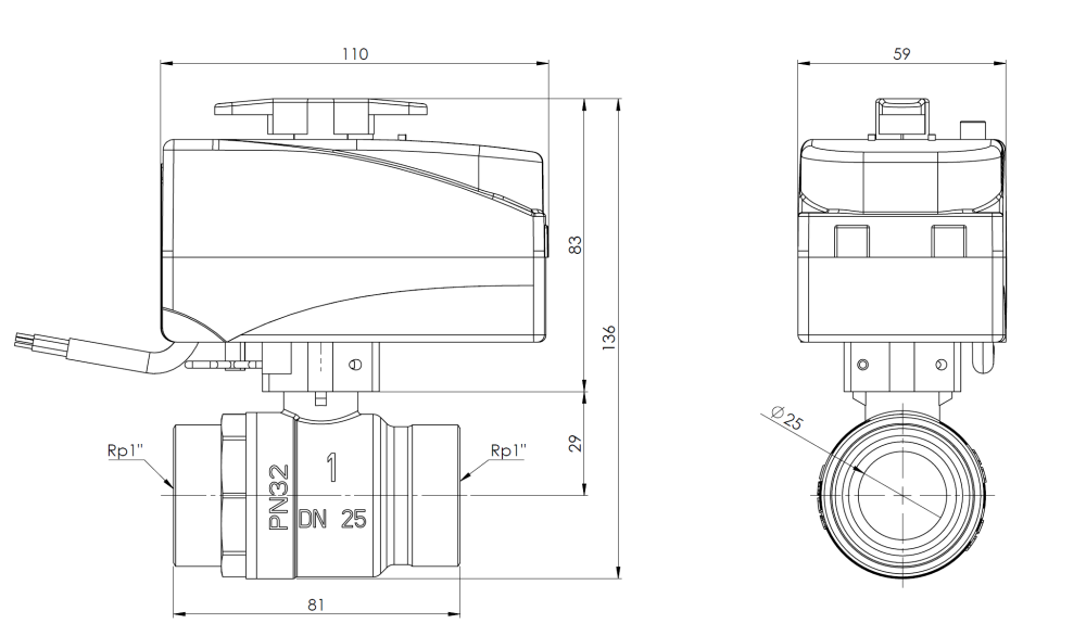 9022310 2-ходовой шаровой кран с приводом BEV, DN25, ВР1", Kvs 60 м³/ч, 24 В AC, НО - Размеры AFRISO 1