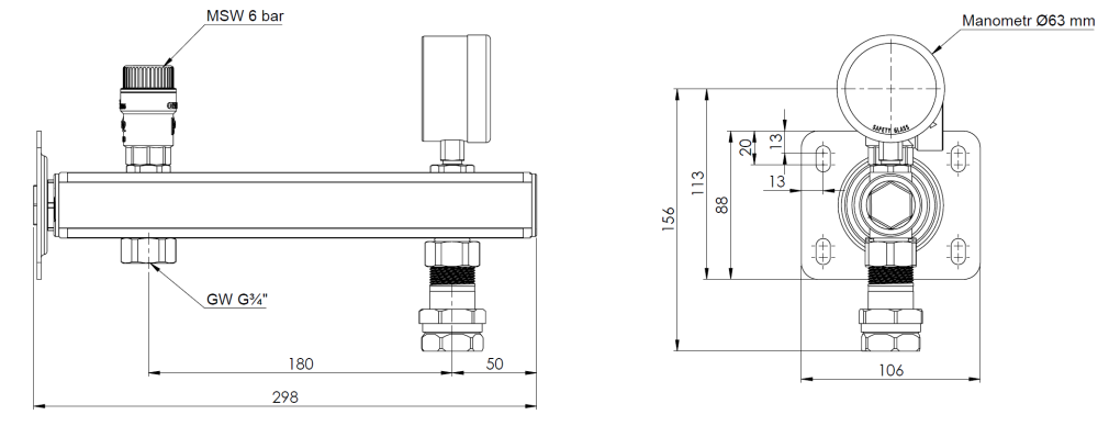 9062100 Группа безопасности ГВС BSB, Nmax UDT 111,5 кВт, с предохранительным клапаном MSW 6 бар, с подключением расширительного бака с быстроразъемным соединением - Размеры AFRISO 1