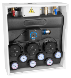 PrimoBox AZB 351 с гидрострелкой, 1 контур без смешивания, 1 контур со смесительным клапаном и приводом ARM и 1 контур с термостатическим клапаном ATM