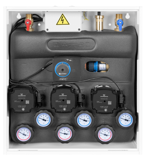 7635100 PrimoBox AZB 351 с гидрострелкой, 1 контур без смешивания, 1 контур со смесительным клапаном и приводом ARM и 1 контур с термостатическим клапаном ATM - Фотогалерея AFRISO 1